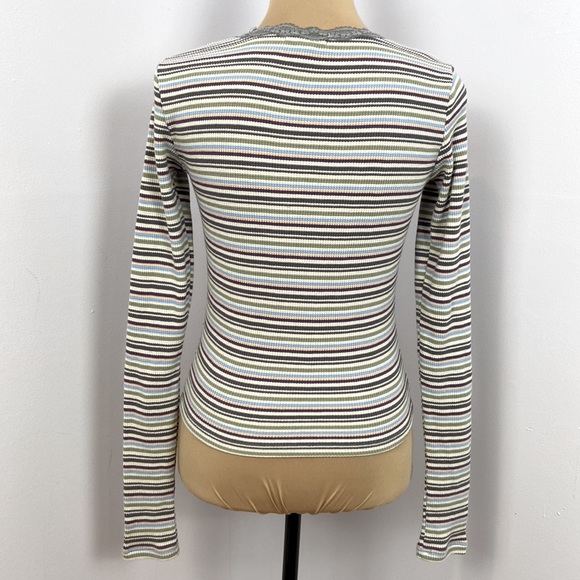 Ivy+Main Cropped Multi Striped Thermal Knit Long Sleeves Lace Neck Shirt Size S - Picture 5 of 10